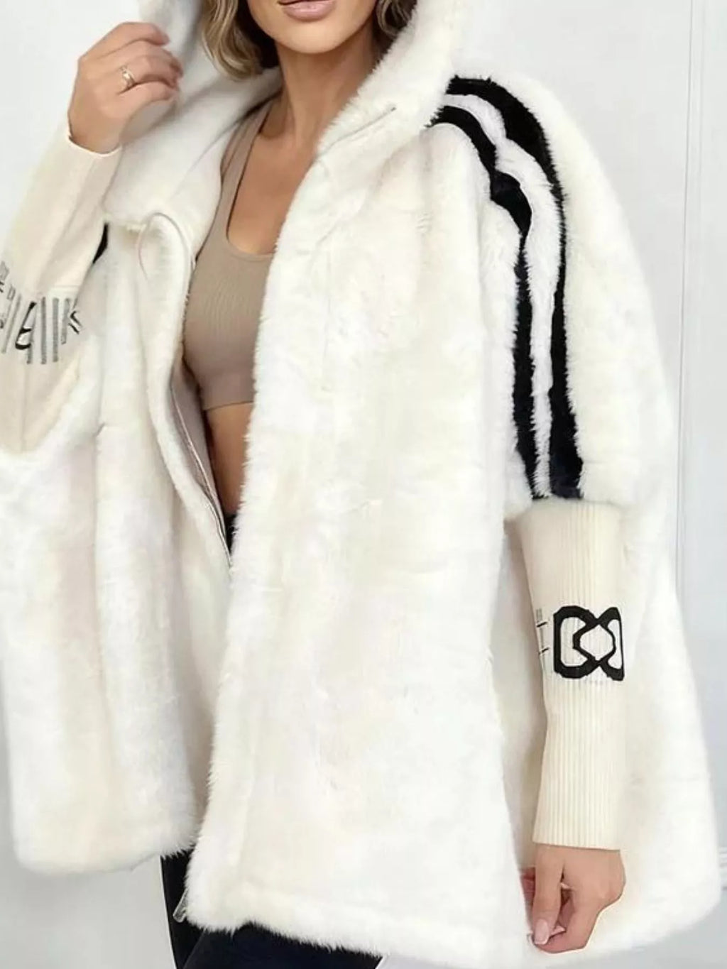 Hooded Faux Fur Striped Trim Outerwear (11)