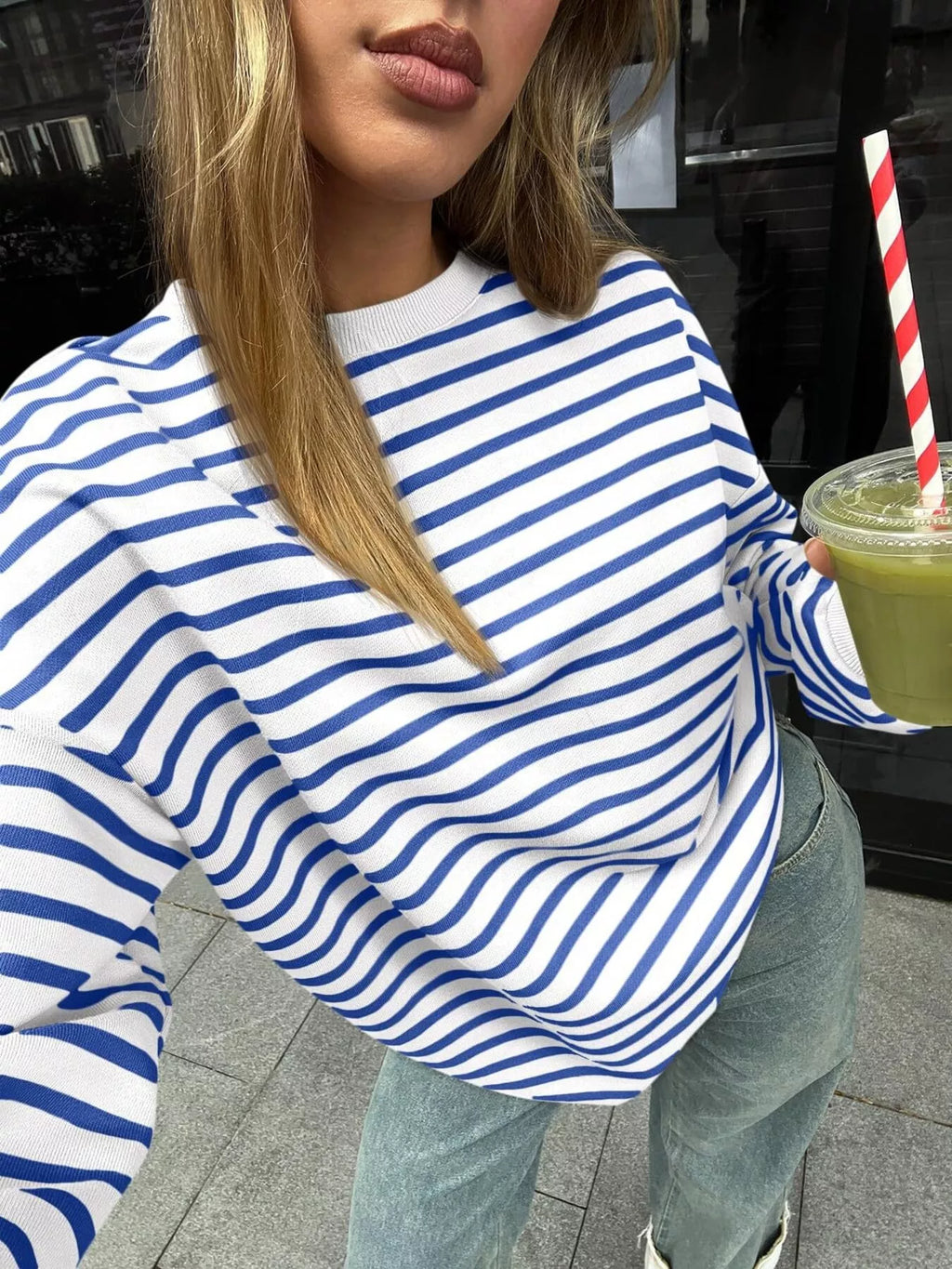Striped Round Neck Oversized Casual Sweatshirt (19)