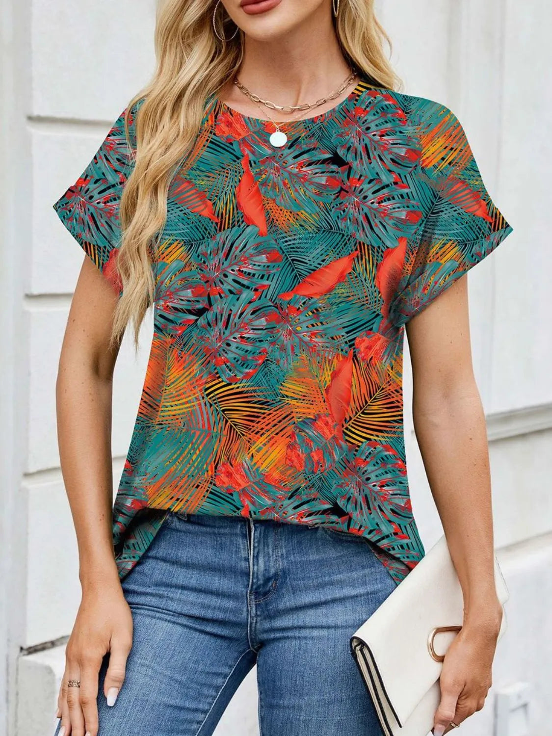 Printed Round Neck Short Sleeve Top (11)