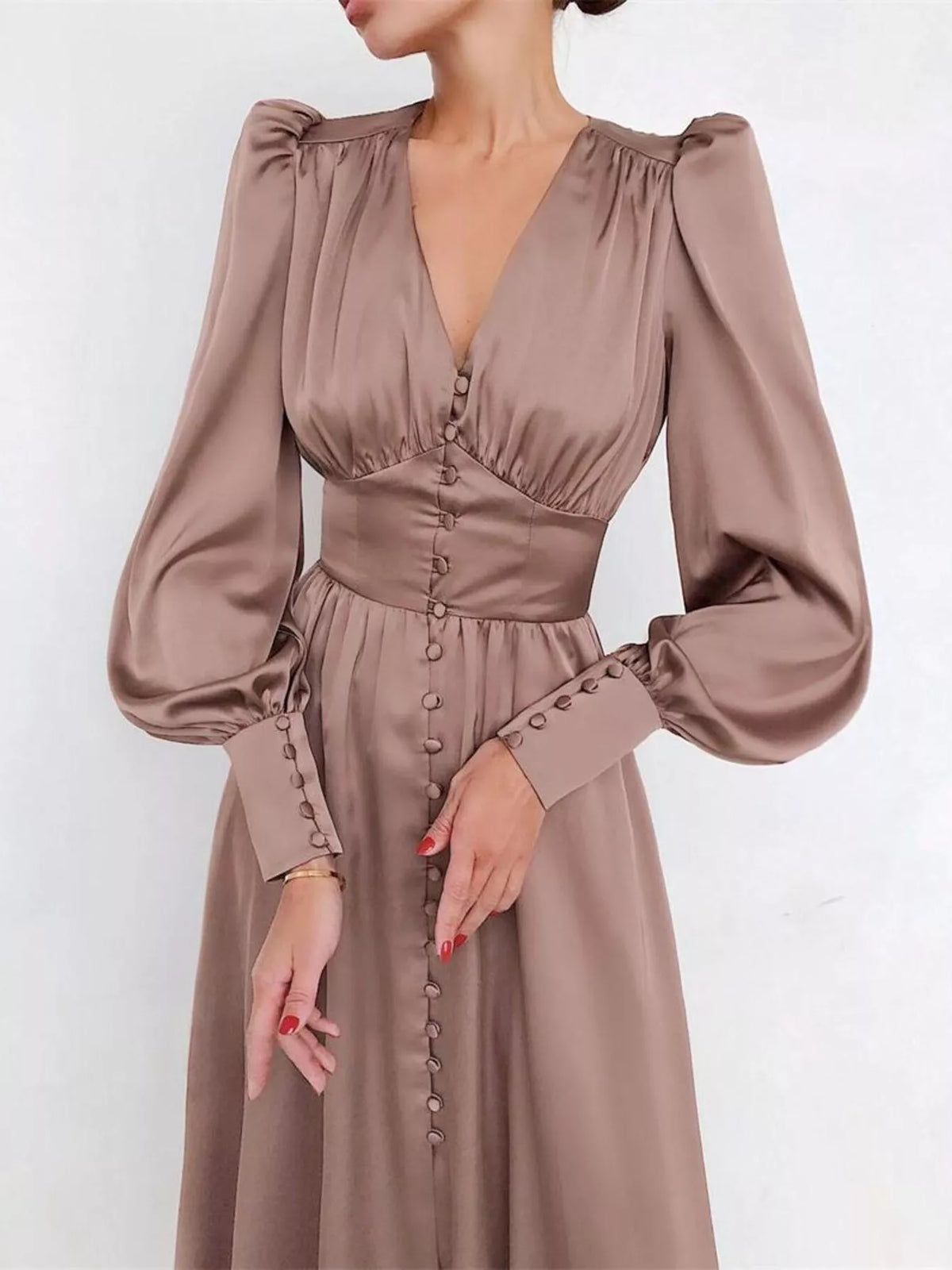 Elegant V-neck Puff Sleeve Button-down Midi Dress (23)