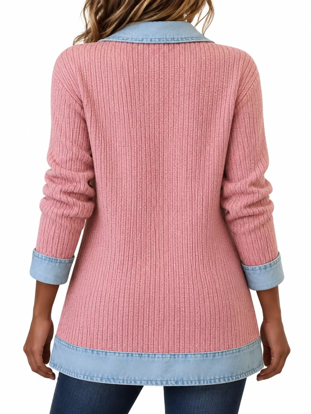 Full Size Denim Trim Ribbed Knit Cardigan Plus (39)