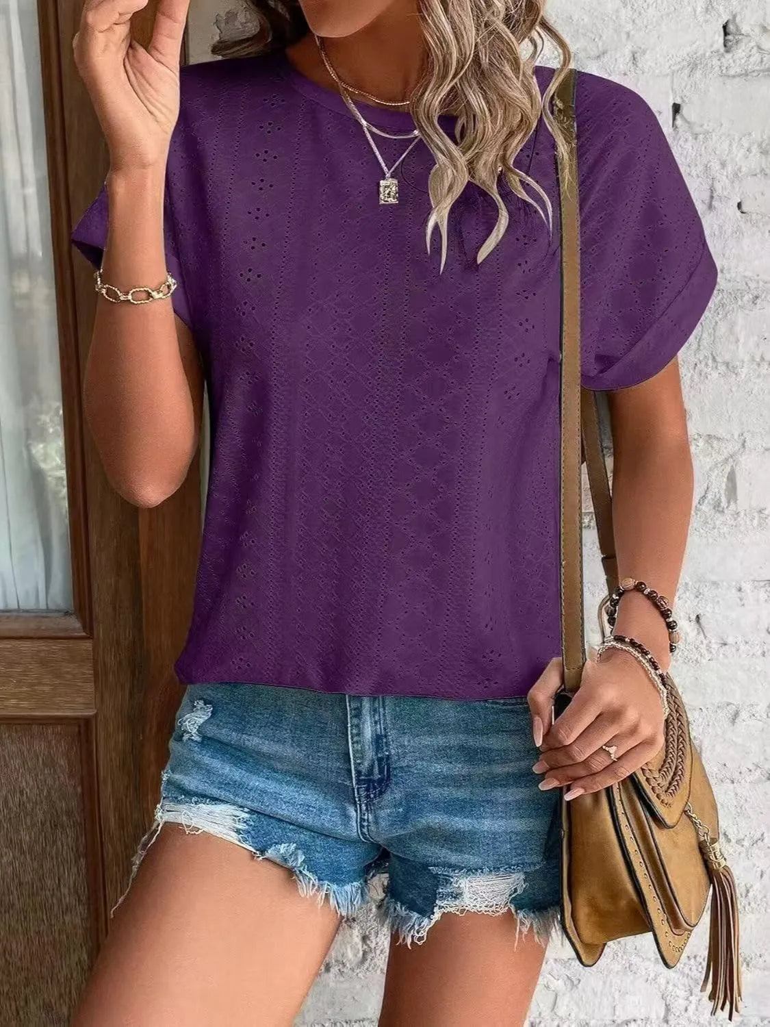 Eyelet Round Neck Short Sleeve T-shirt (10)