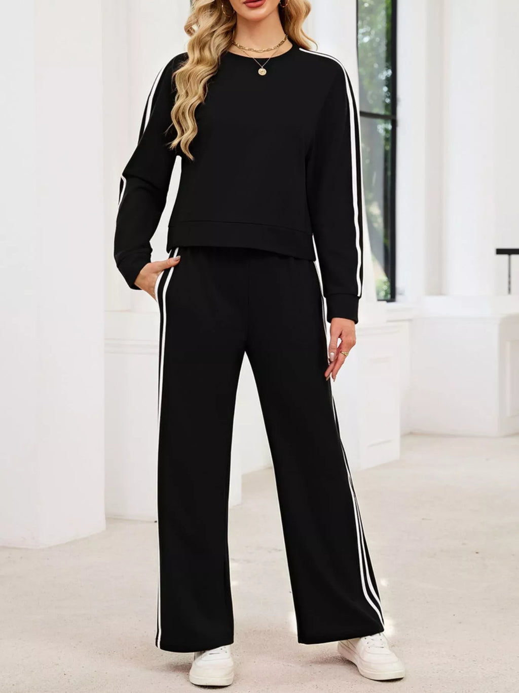 Striped Round Neck Sweatshirt Pants Set (7)