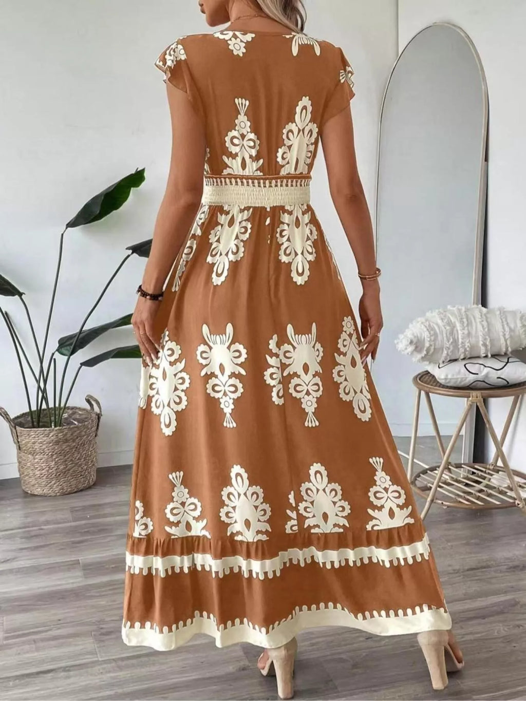Printed V-neck Ruffled Cap Sleeve Dress (13)