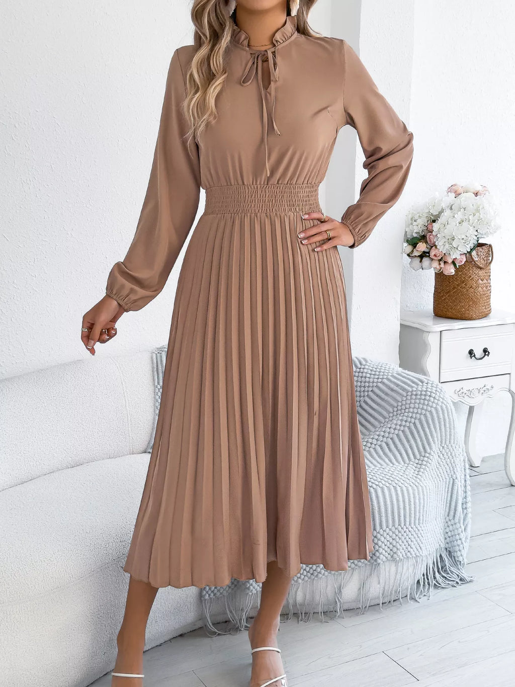 Smocked Pleated Tie Neck Dress (9)