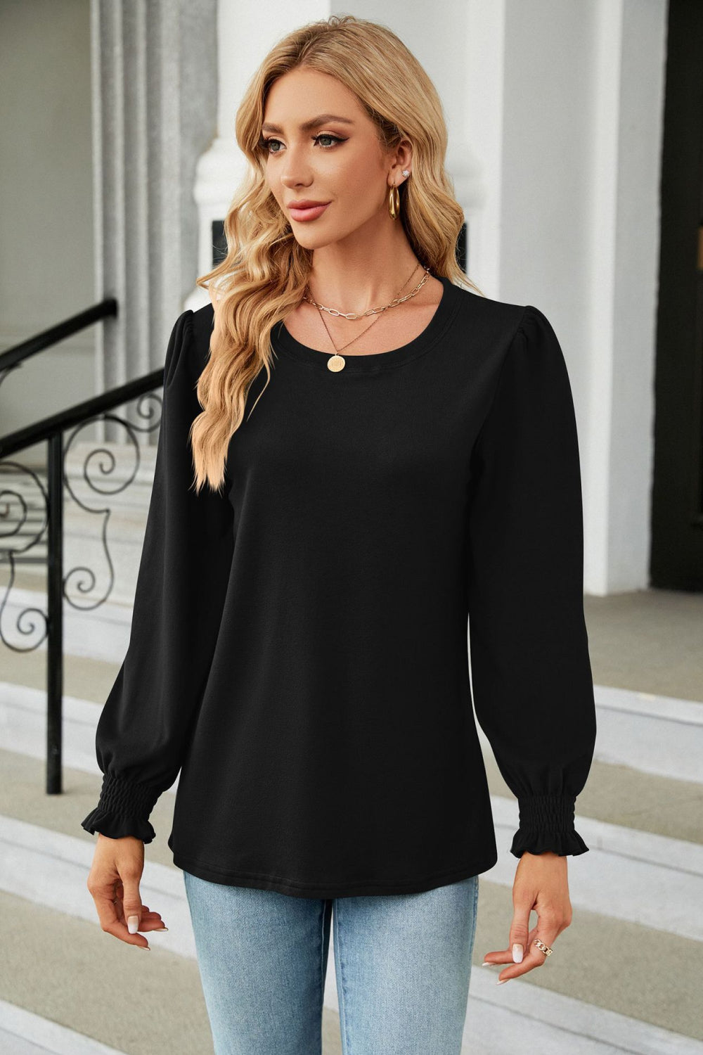 Round Neck Smocked Flounce Sleeve Blouse (2)