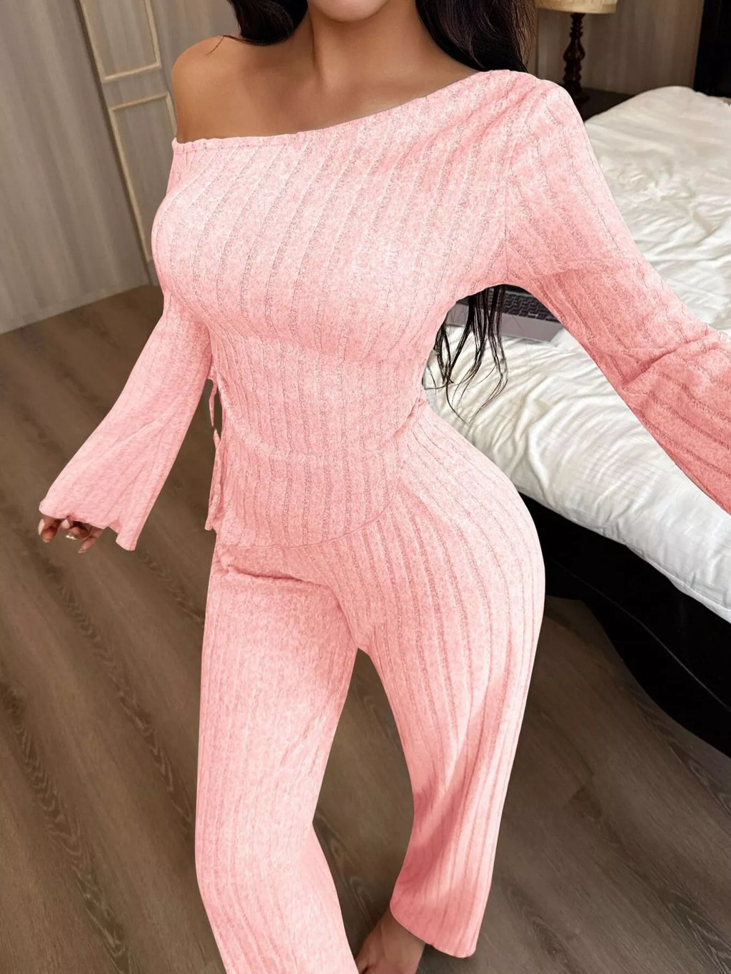 One-shoulder Ribbed Knit Top Pants Set (16)