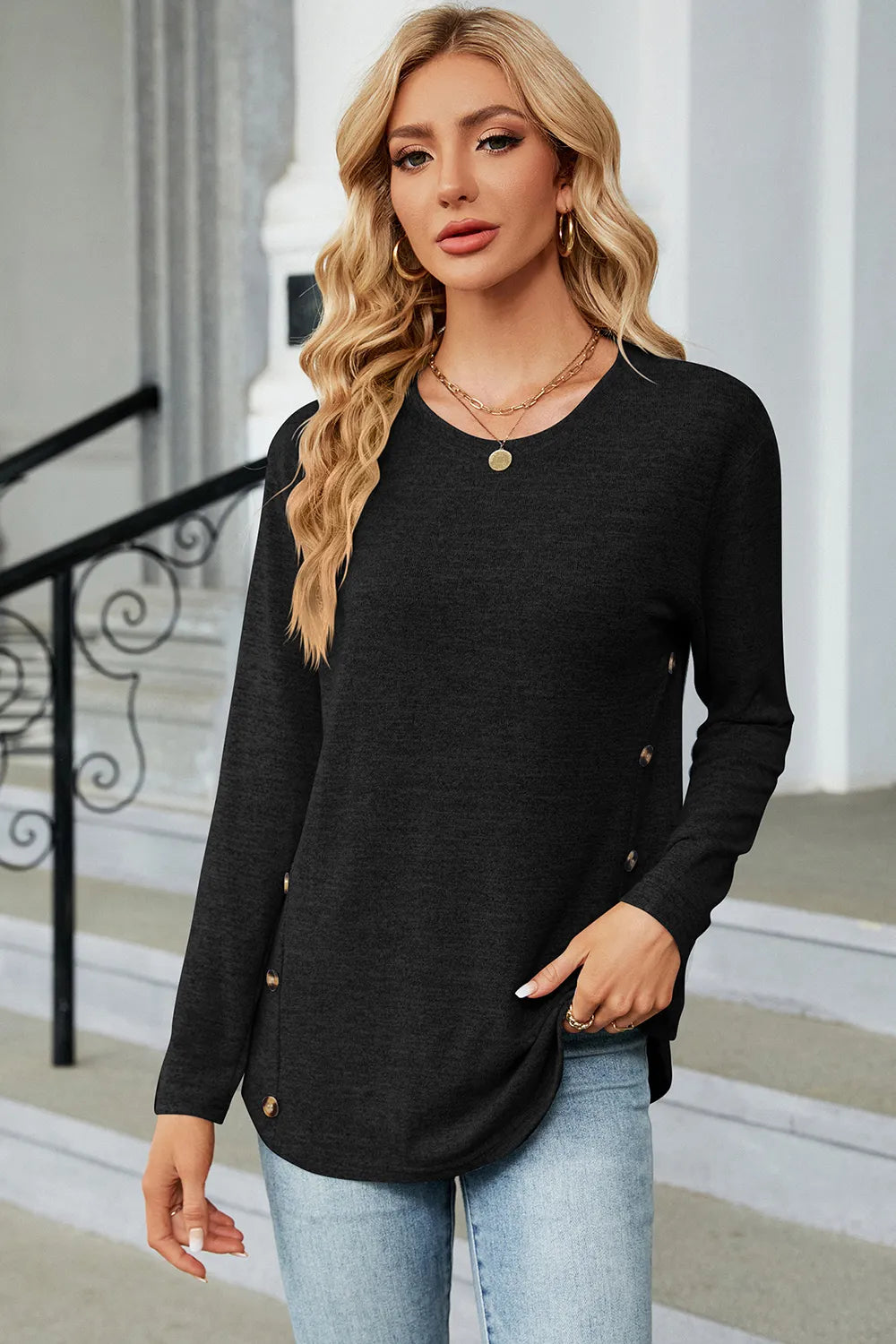 Decorative Button Round Neck T-shirt (4)