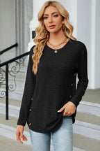 Decorative Button Round Neck T-shirt (4)