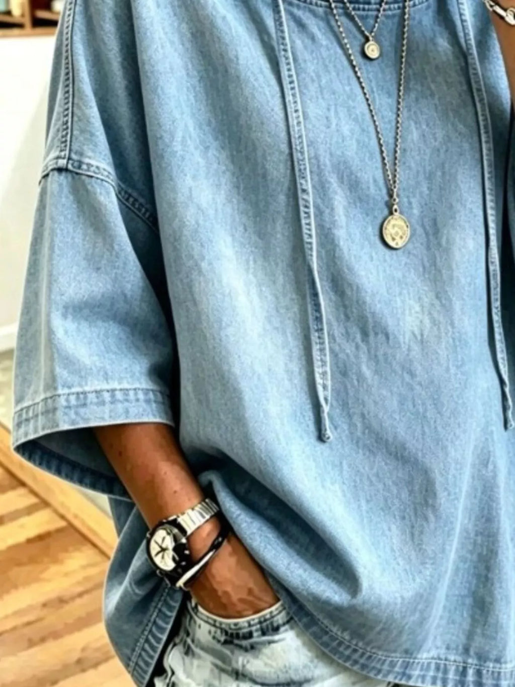 Full Size Oversized Washed Denim Hoodie Top Plus (3)