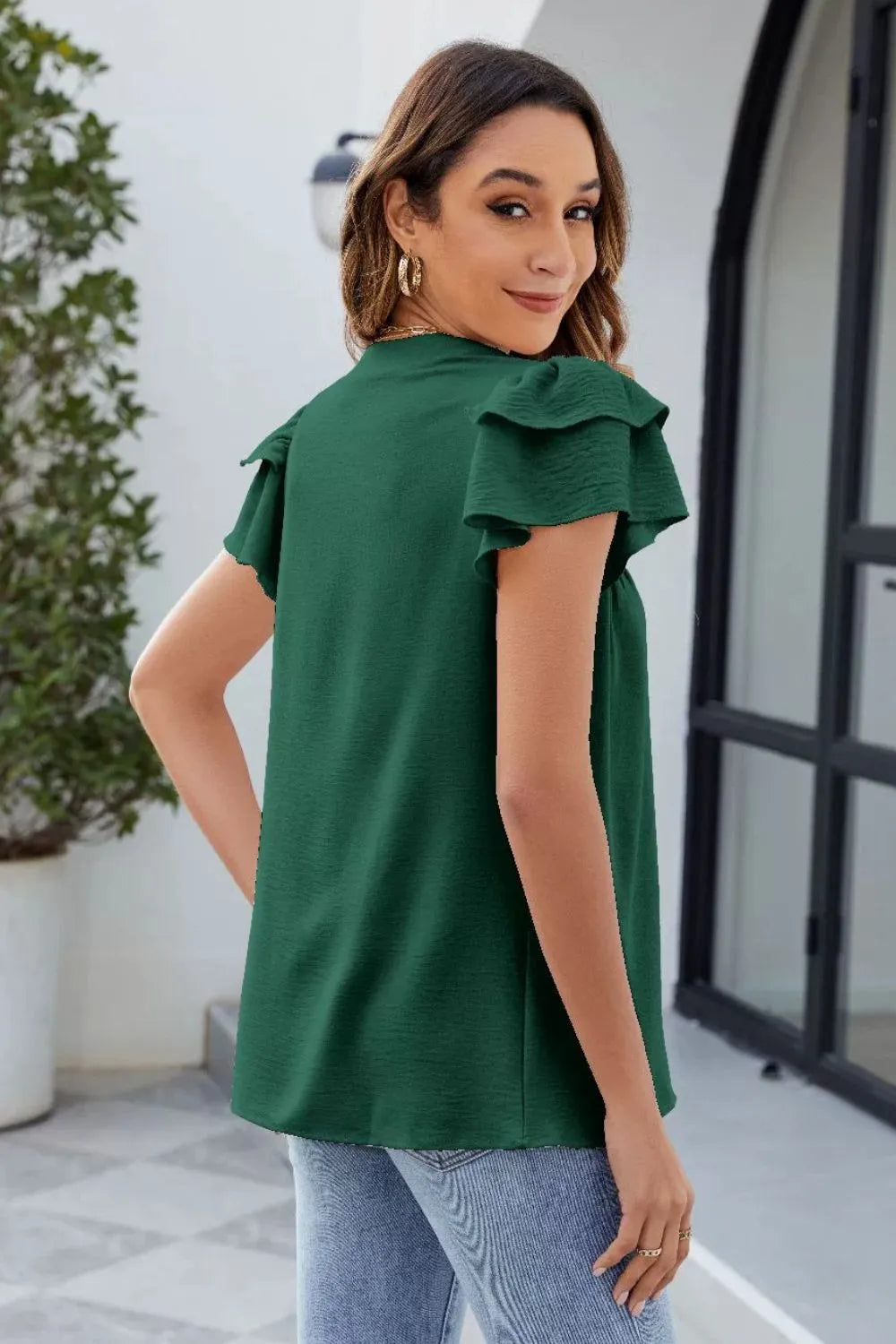 Ruffled Notched Short Sleeve Blouse (2)
