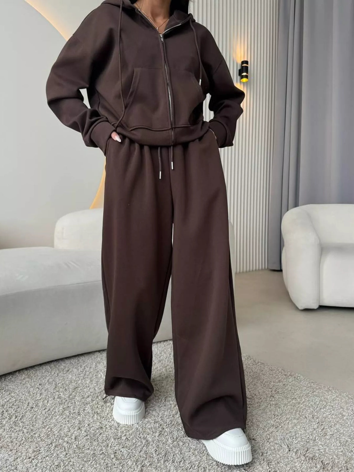Zip-up Hoodie Wide-leg Pants Set (23)