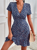 Printed Ruffled Hem V-neck Short Sleeve Mini Dress (16)