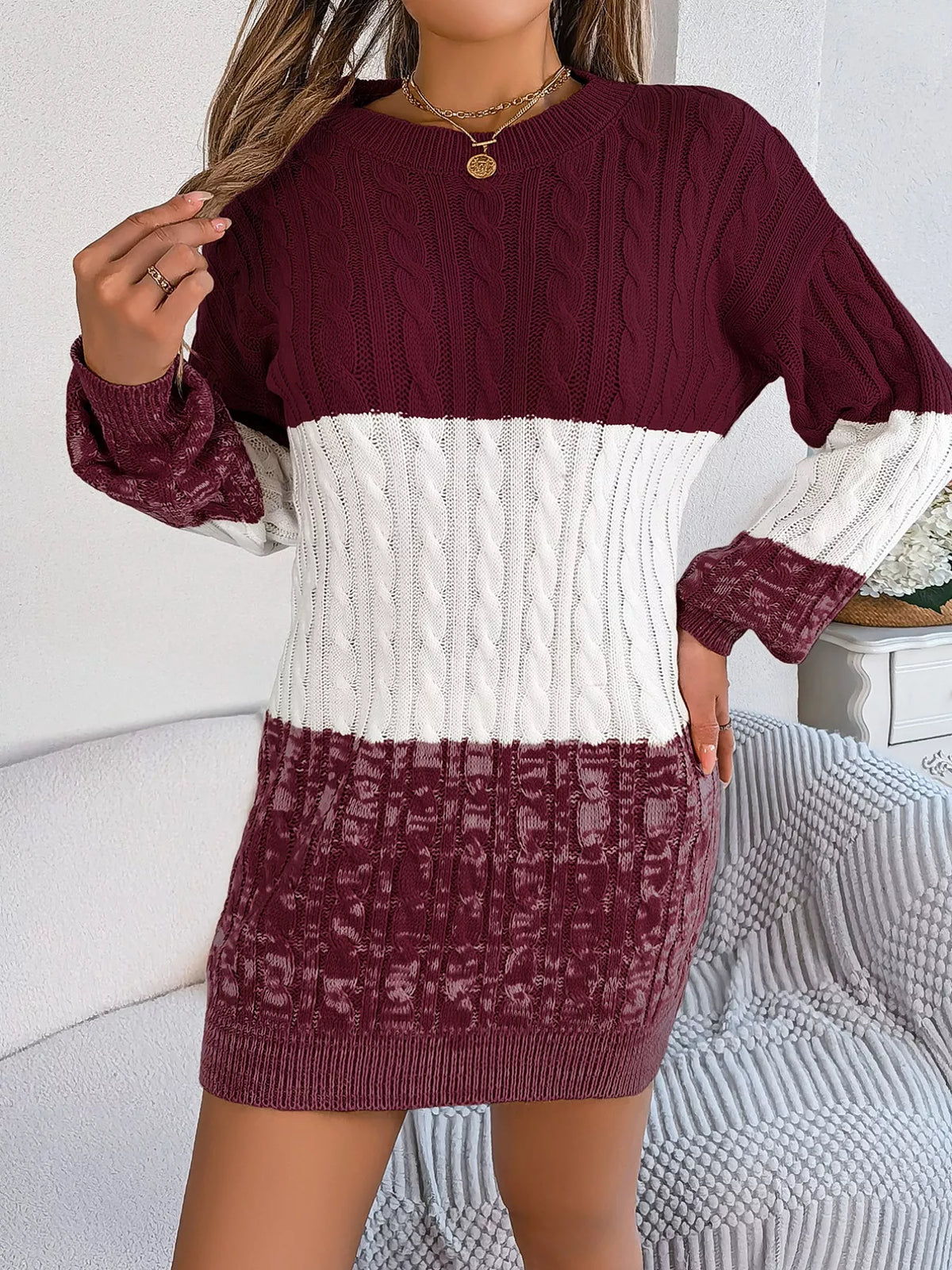 Block Cable Knit Sweater Dress Textured Pattern (4)