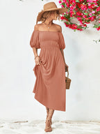 Off-shoulder Puff Sleeve Smocked Maxi Dress (8)