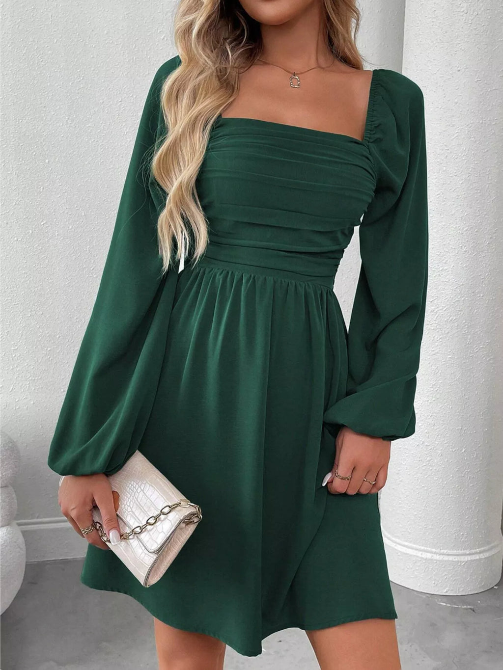 Ruched Square Neck Long Sleeve A-line Dress (2)