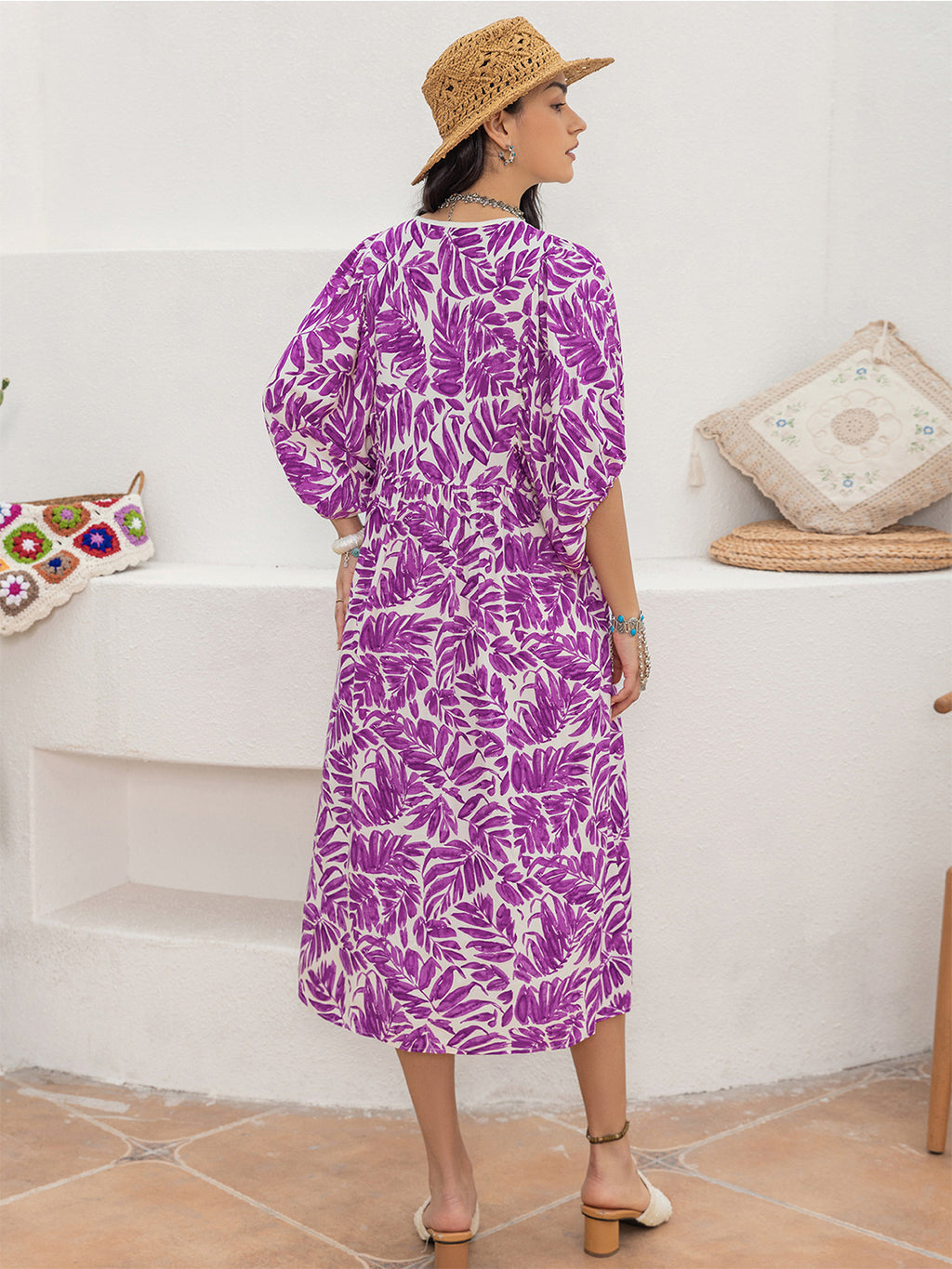 Printed Tie Neck Midi Dress (9)