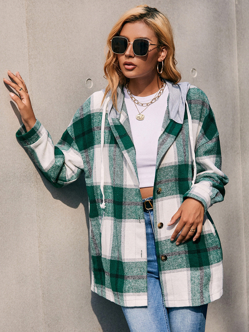 Plaid Dropped Shoulder Hooded Jacket (11)