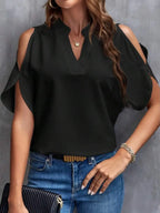 Notched Cold Shoulder Half Sleeve Blouse (11)