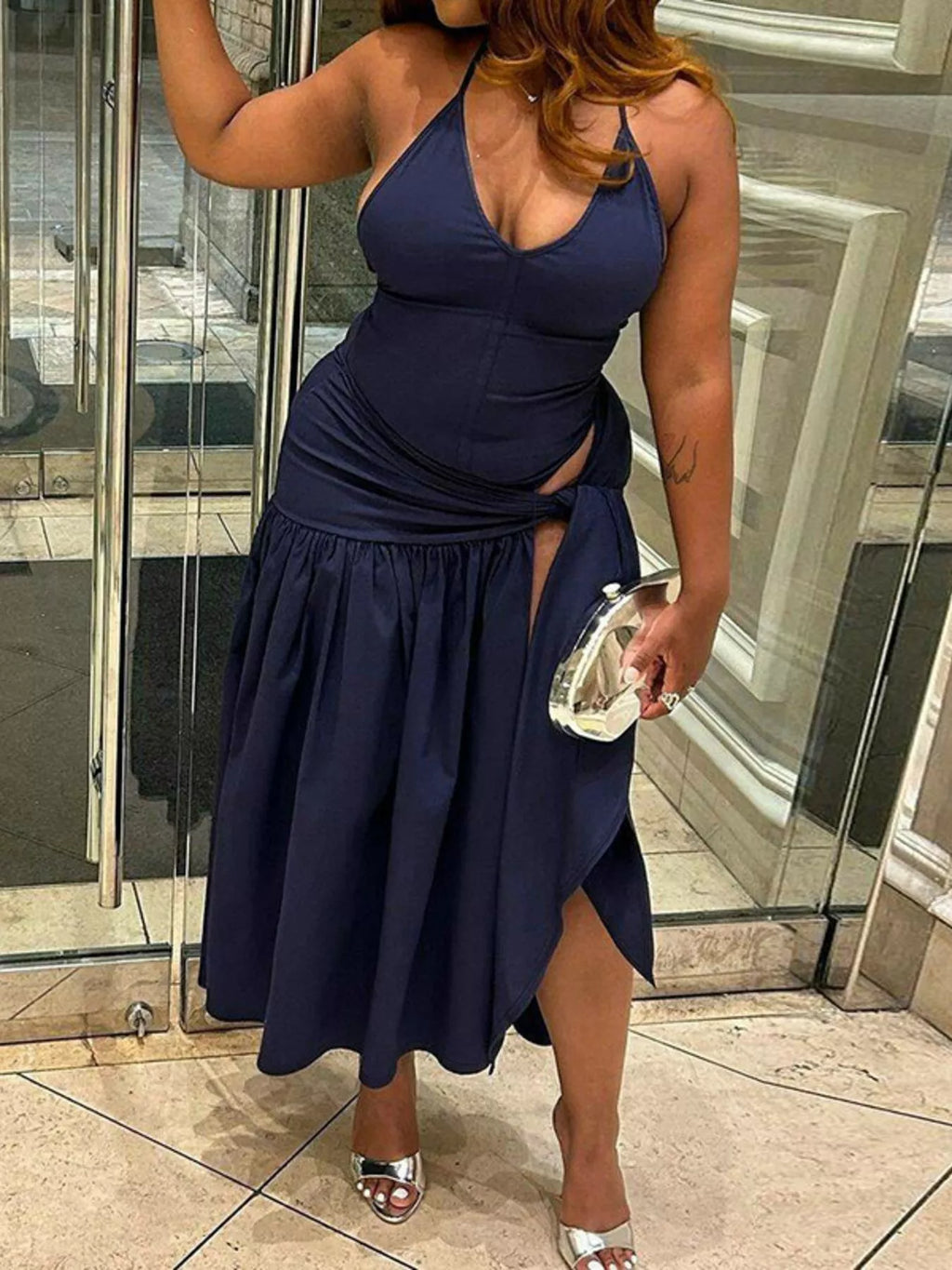 Halter Neck Ruched Bodysuit Maxi Skirt Set (16)