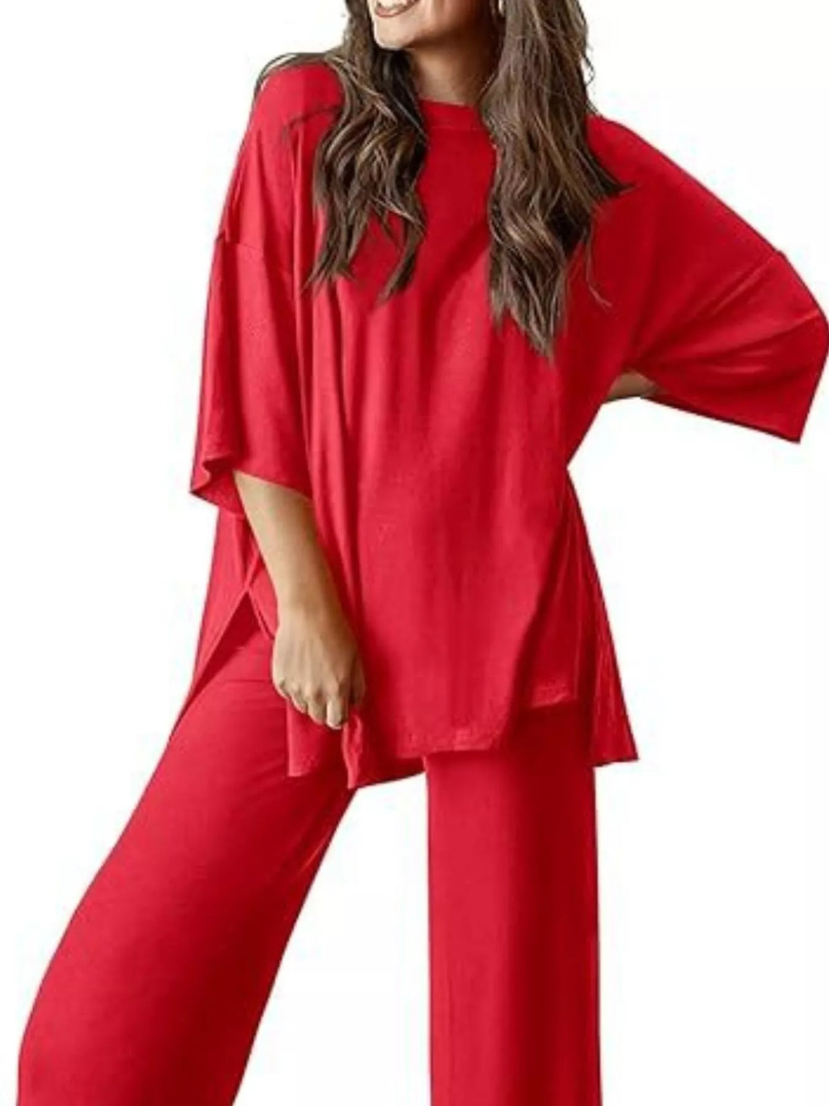 Relaxed Fit Round Neck Top Pants Two-piece Set (23)