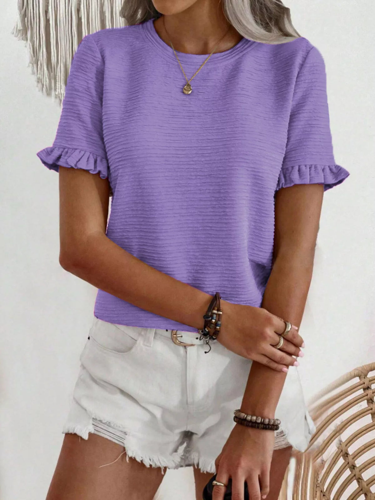 Textured Ruffle Sleeve Round Neck T-shirt (9)