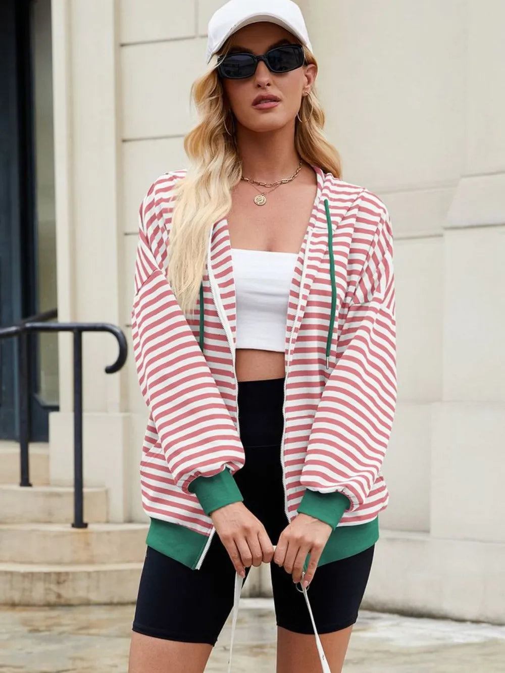 Drawstring Striped Zip Up Long Sleeve Hoodie (14)