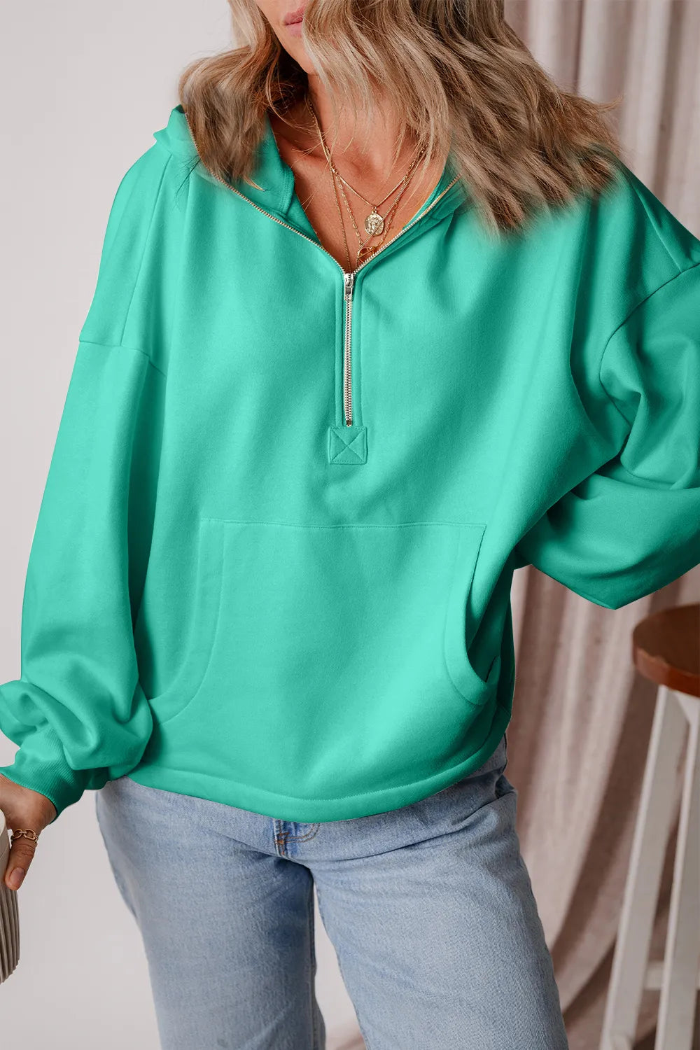 Pocketed Half Zip Dropped Shoulder Hoodie (20)