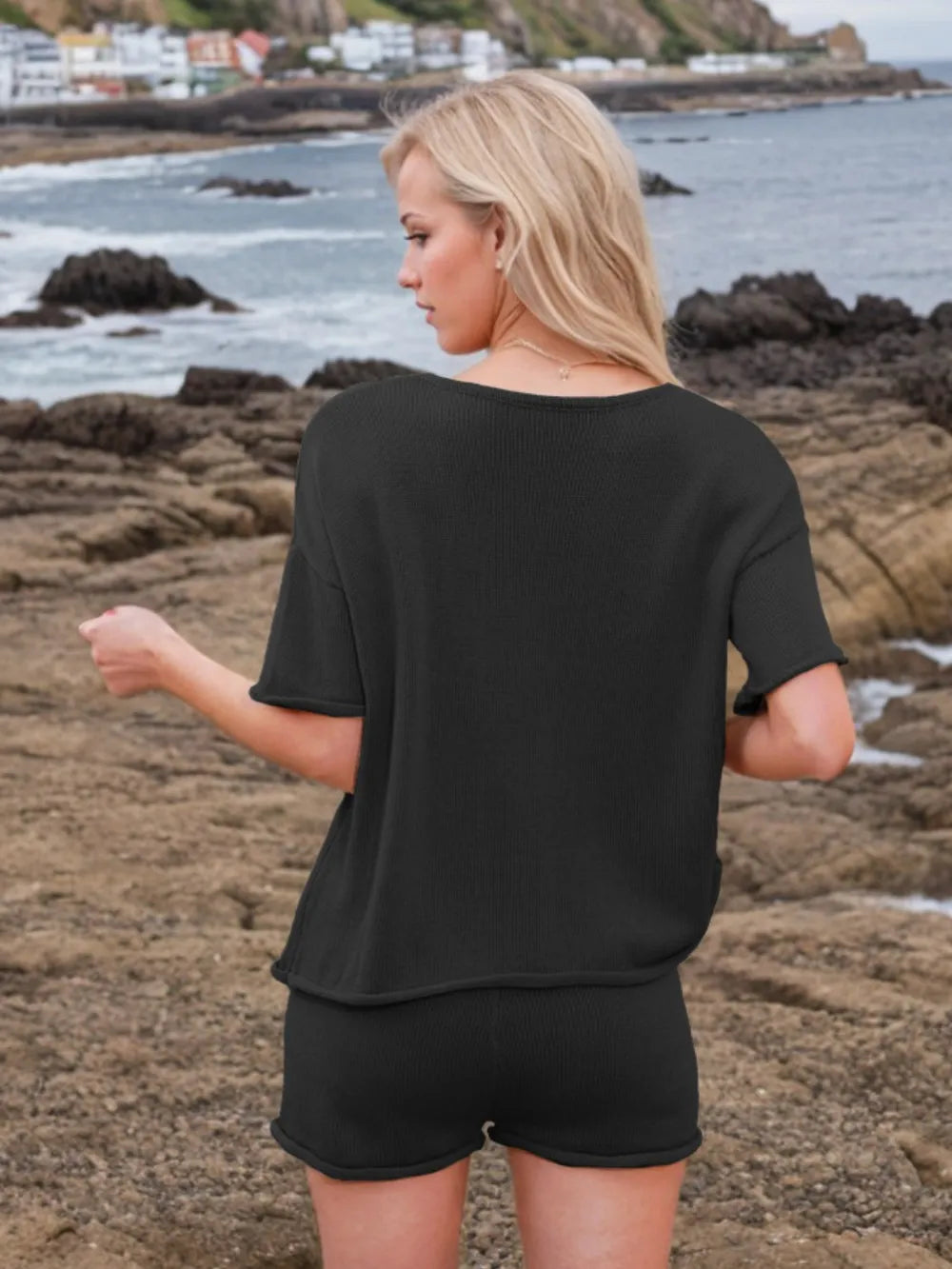 Round Neck Short Sleeve Top Shorts Sweater Set (23)