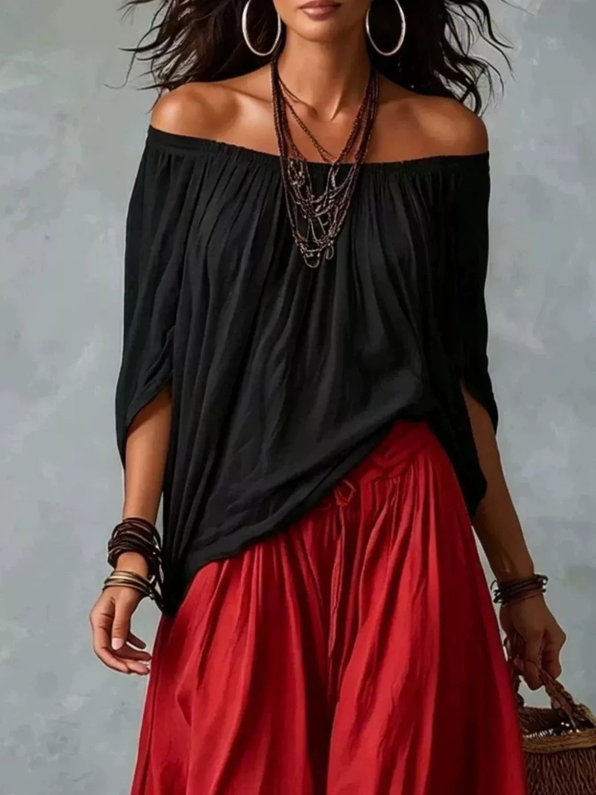 Full Size Off-shoulder Top Wide-leg Harem Pants Set Plus (6)