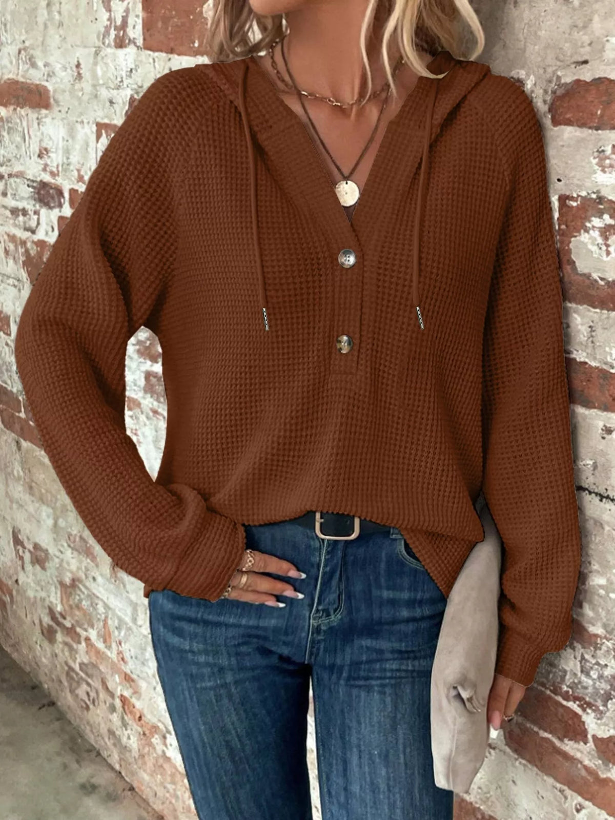 Waffle Knit Button Detail Hoodie (2)