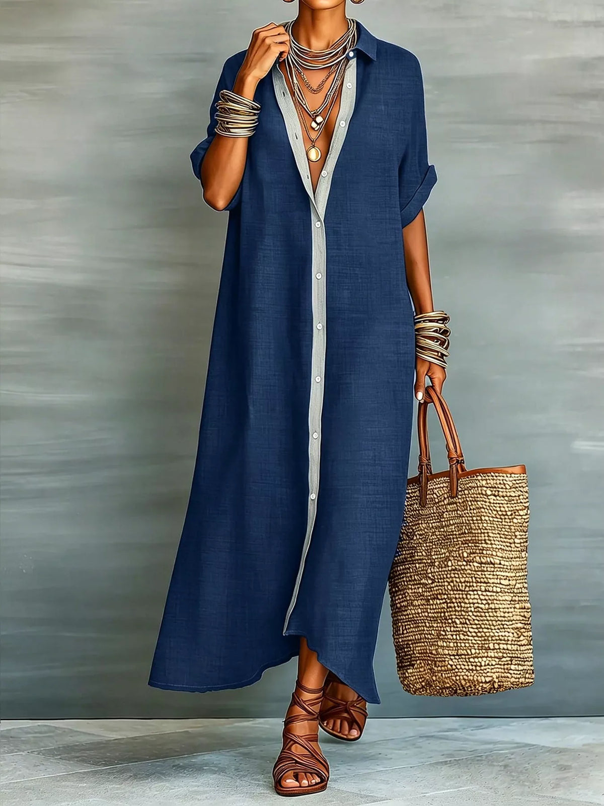 Casual Linen Shirt Dress Button-down Front (14)
