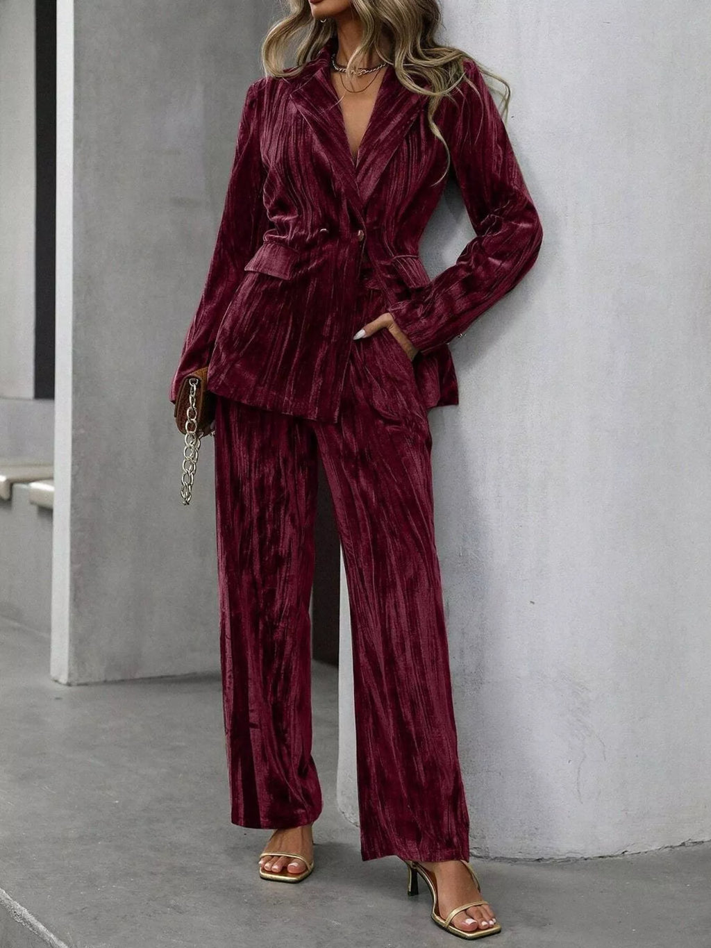 Lapel Collar Long Sleeve Blazer Pants Set (15)