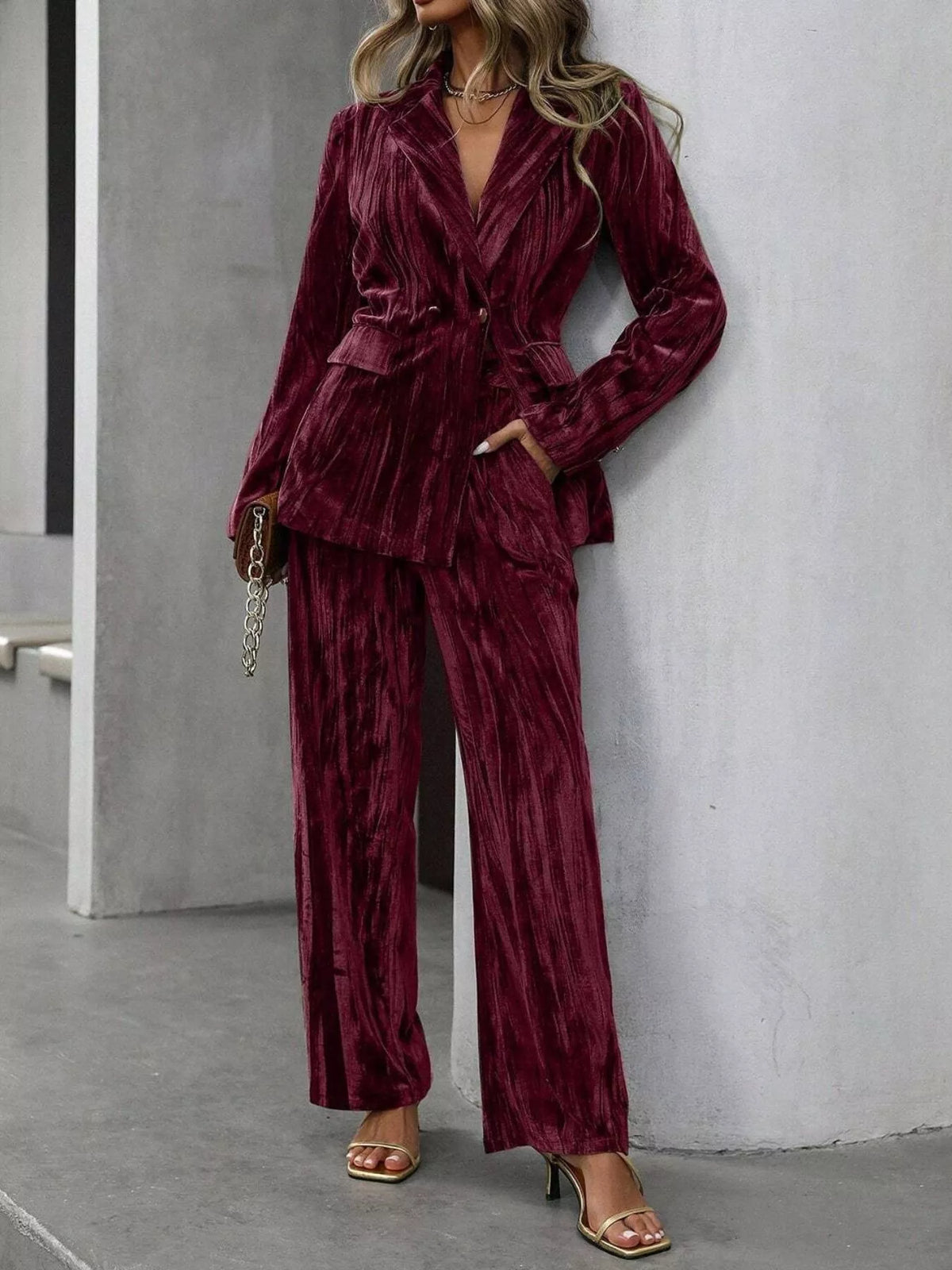 Lapel Collar Long Sleeve Blazer Pants Set (15)