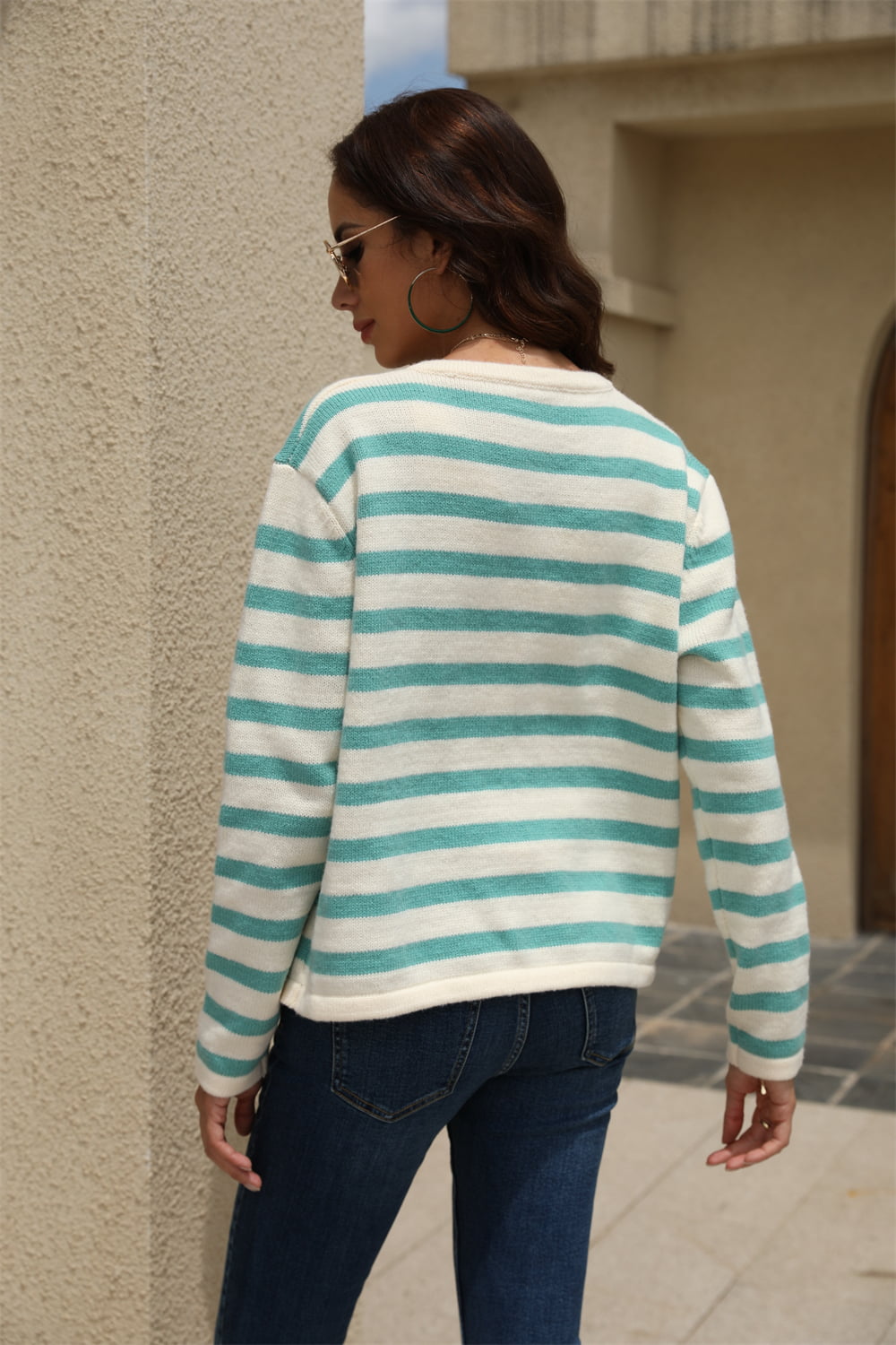Striped Round Neck Button-down Dropped Shoulder Cardigan (6)
