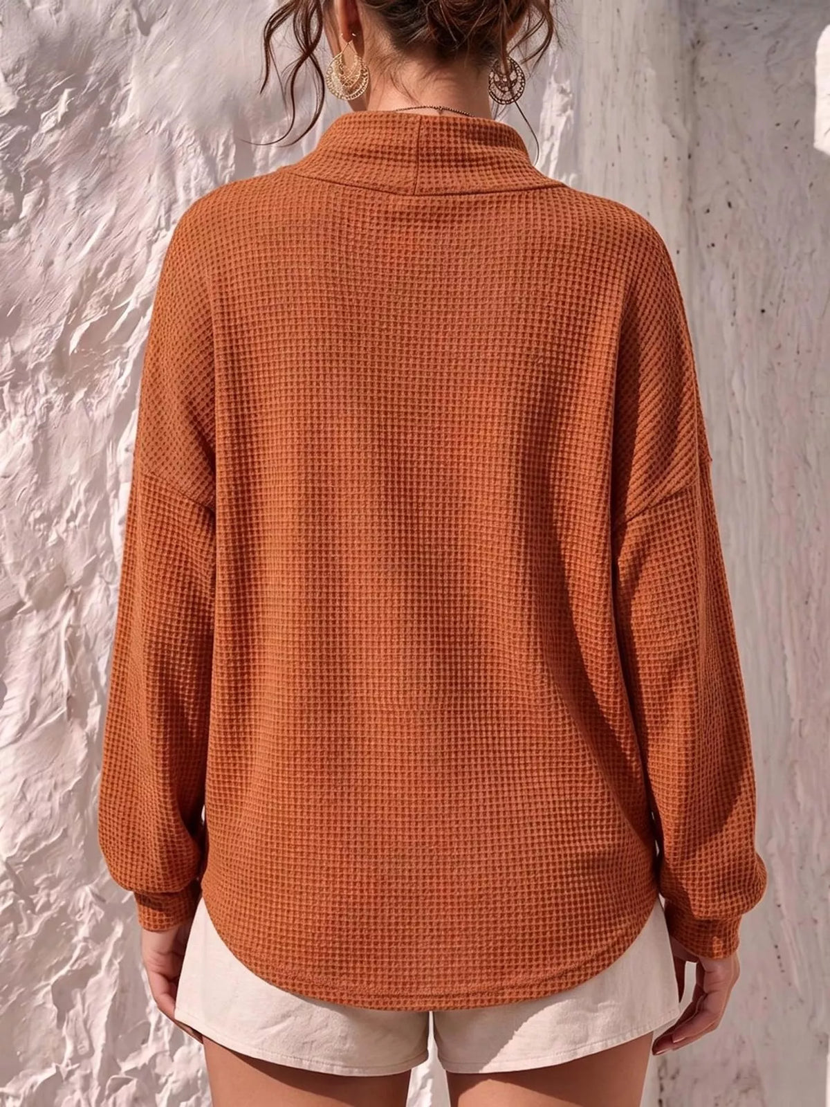 Full Size Waffle Knit Mock Neck Long Sleeve T-shirt Plus (2)