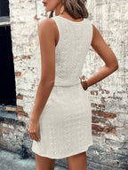 Eyelet Drawstring Round Neck Sleeveless Dress (20)