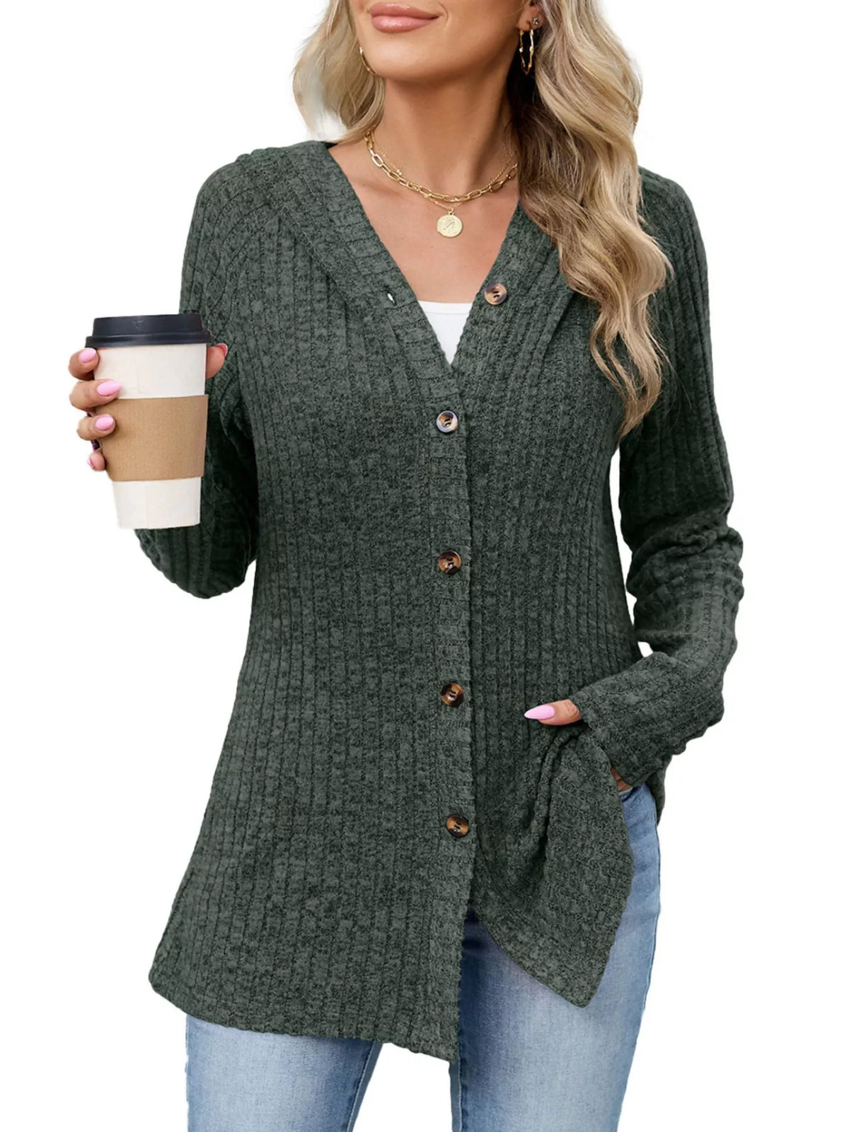 Ribbed Knit Hooded Button-down Cardigan (16)