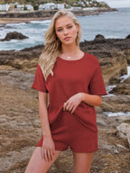 Round Neck Short Sleeve Top Shorts Sweater Set (7)