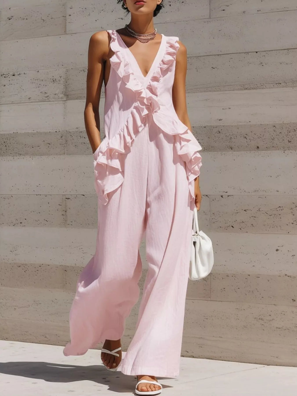 Ruffled V-neck Sleeveless Jumpsuit