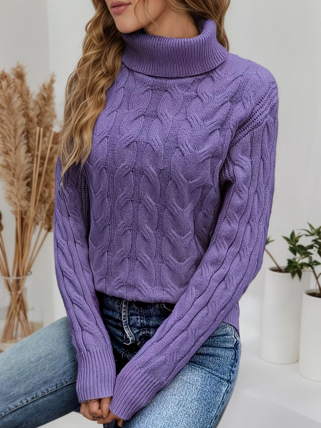 Cable Knit Turtleneck Long Sleeve Sweater (28)