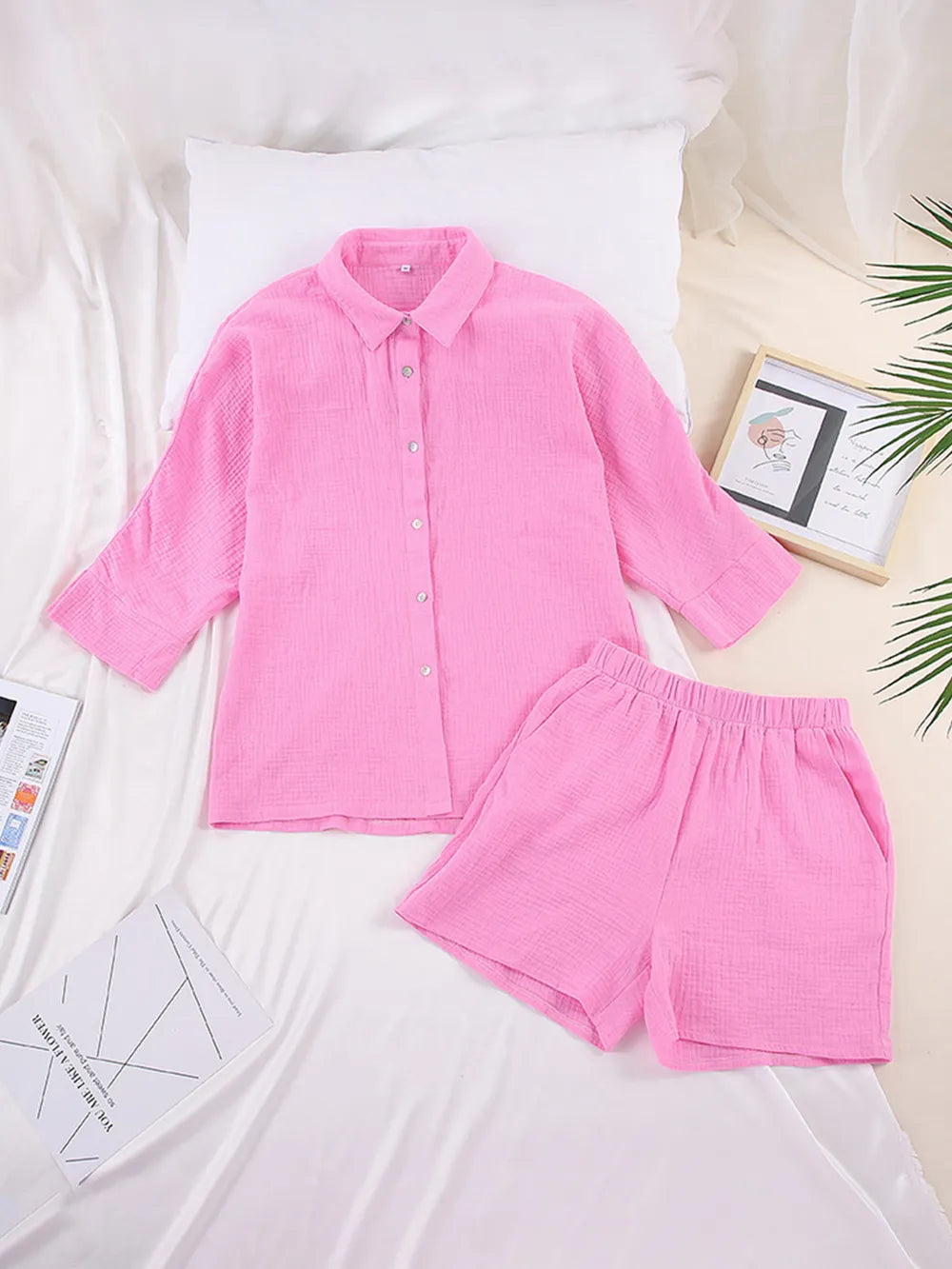 Texture Button Up Shirt Shorts Set (20)