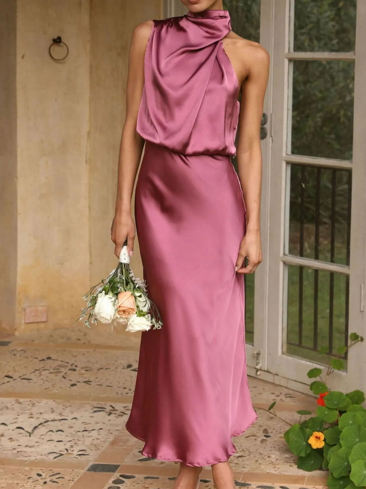 Asymmetrical Ruched Sleeveless Midi Dress (7)