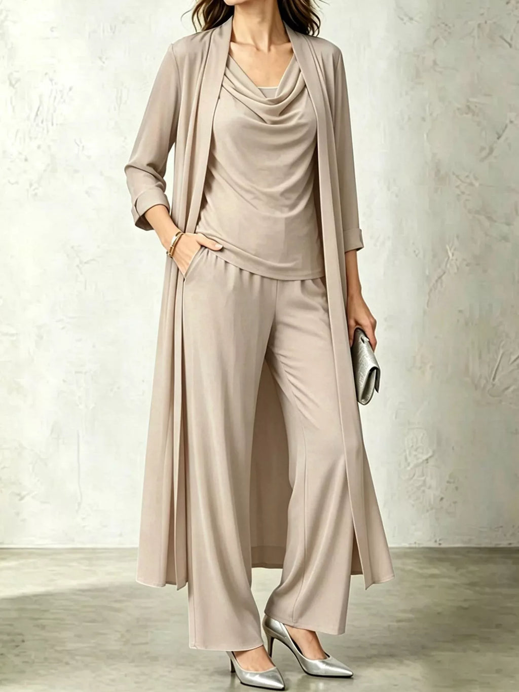 Full Size Cowl Neck Top Cardigan Pants Set Plus