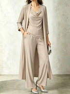 Full Size Cowl Neck Top Cardigan Pants Set Plus