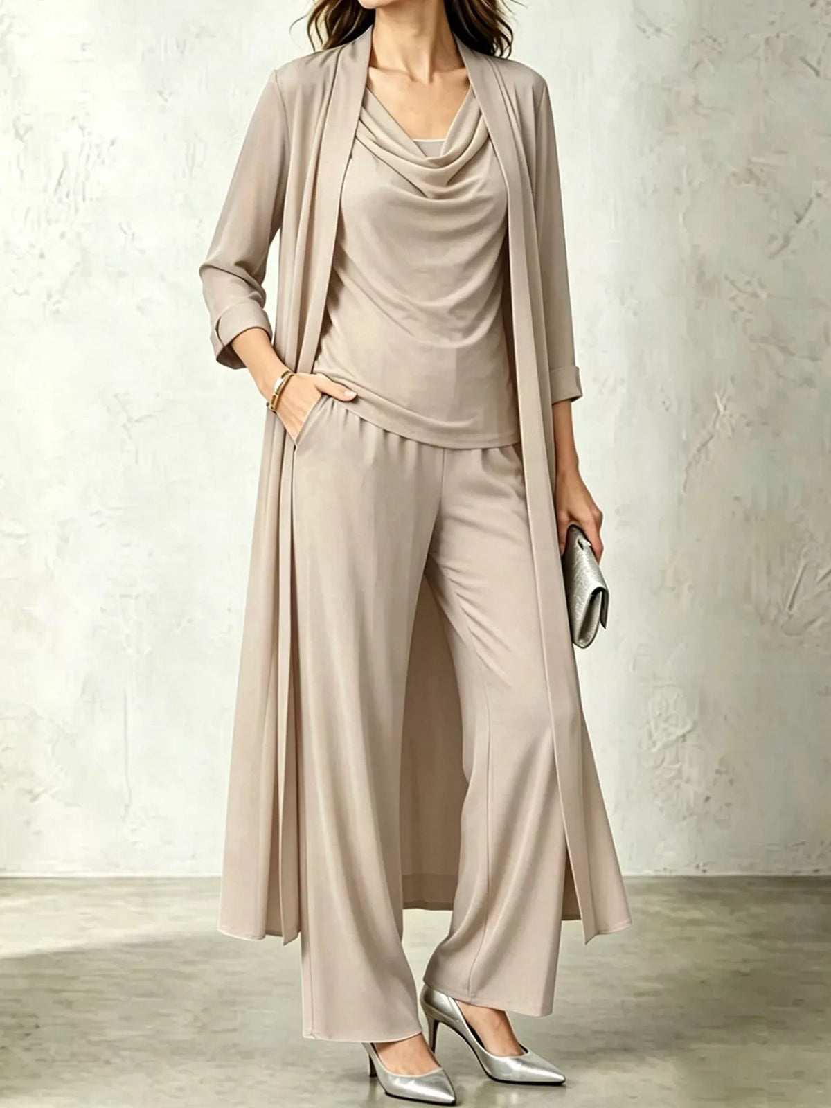 Full Size Cowl Neck Top Cardigan Pants Set Plus