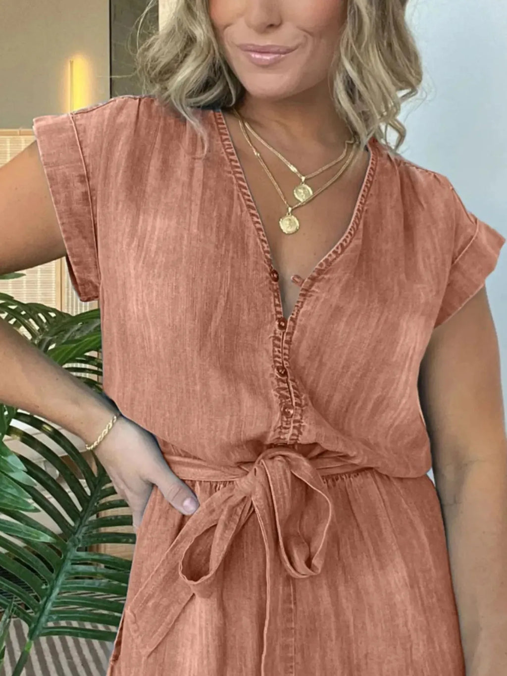 Full Size Tie Waist Cap Sleeve Denim Romper Plus (13)