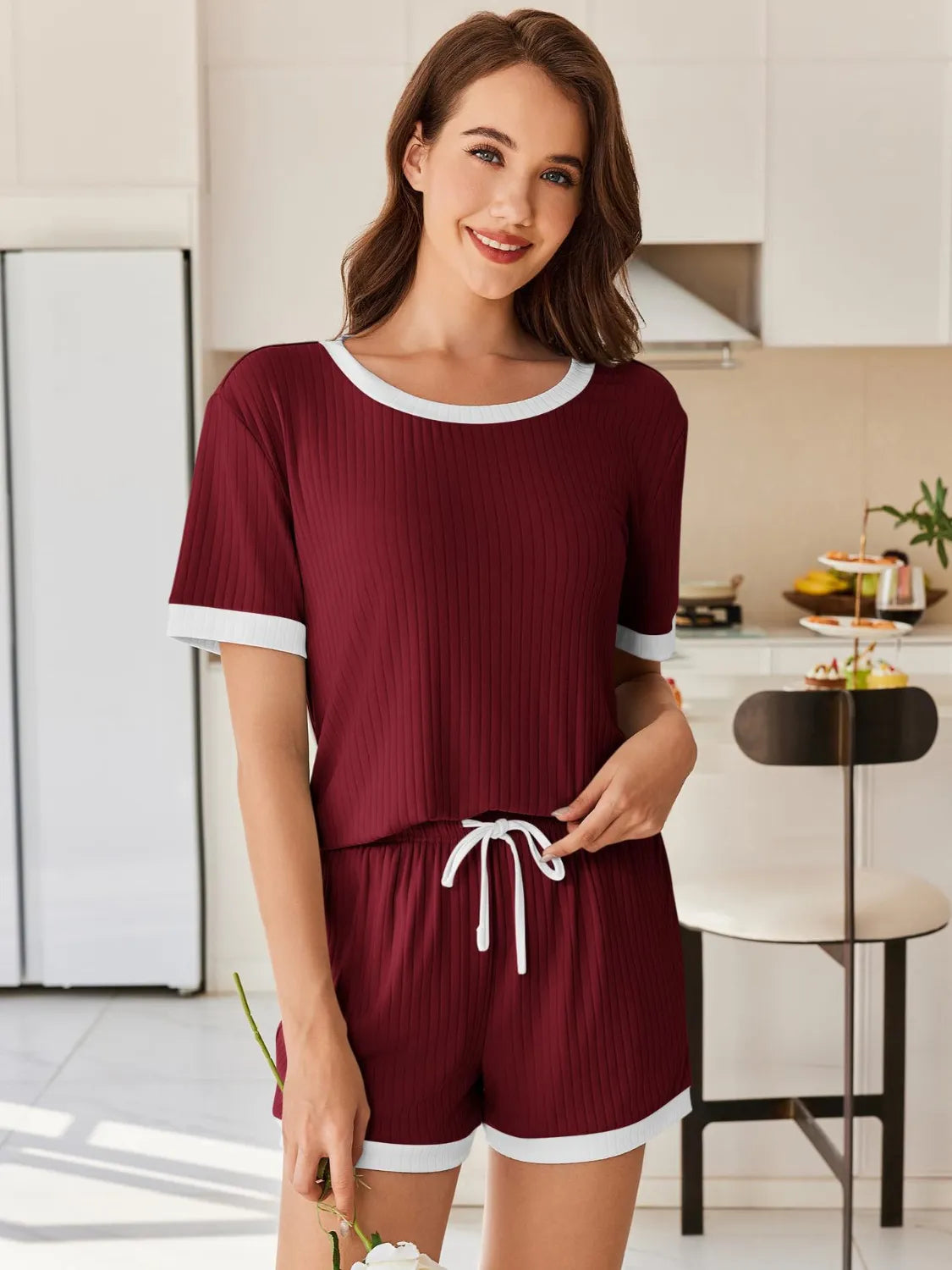 Ribbed Round Neck Top Shorts Set (12)