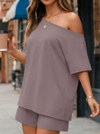 One-shoulder Short Sleeve Top Shorts Set (14)