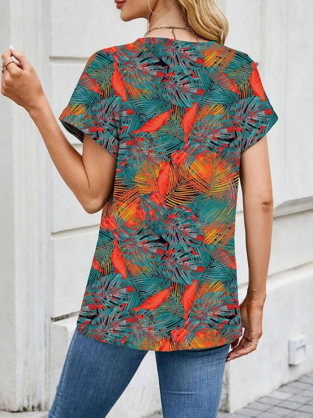 Printed Round Neck Short Sleeve Top (12)